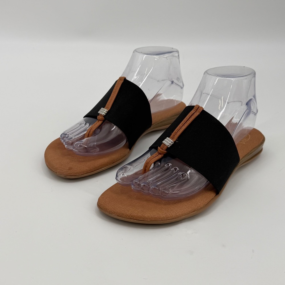 Andre Assous Womens Elastic Band Thong Sandals Black Tan Made in Spain Size 8 - Picture 2 of 8